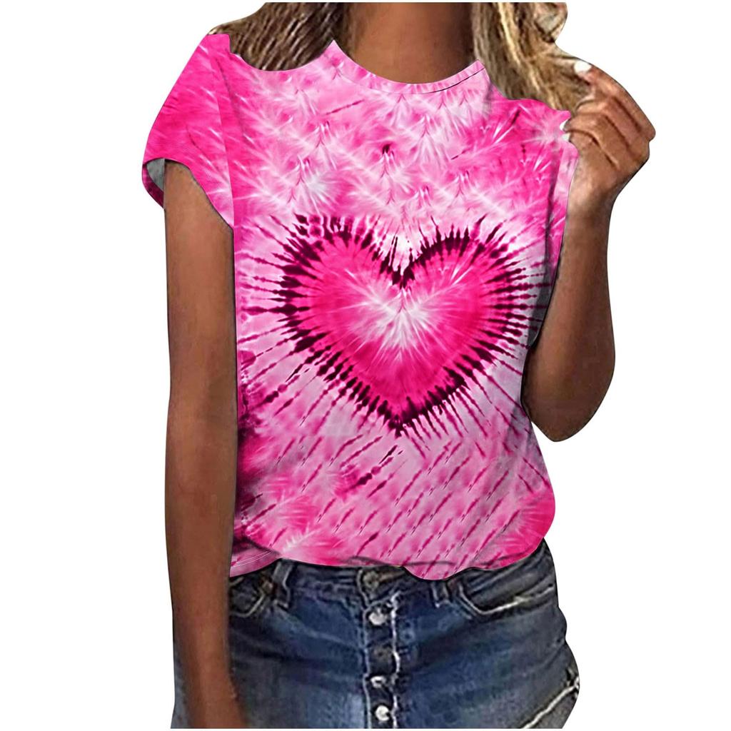 Heart Graphic 3D Print Tie Dye T-Shirts Women O-Neck Short Sleeve T Shirt Streetwear Y2k Harajuku Tees Basic Top Female Clothing