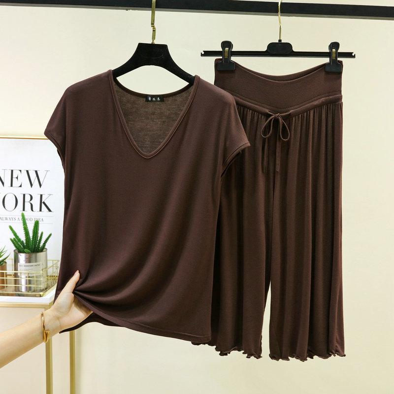 Plus Size M To 6XL Modal Casual Pajamas Sets V-Neck Sleeves Tshirts with Drawstring Ruffle Trim Cropped Pants High Waist Loose Fit Lounge Sets