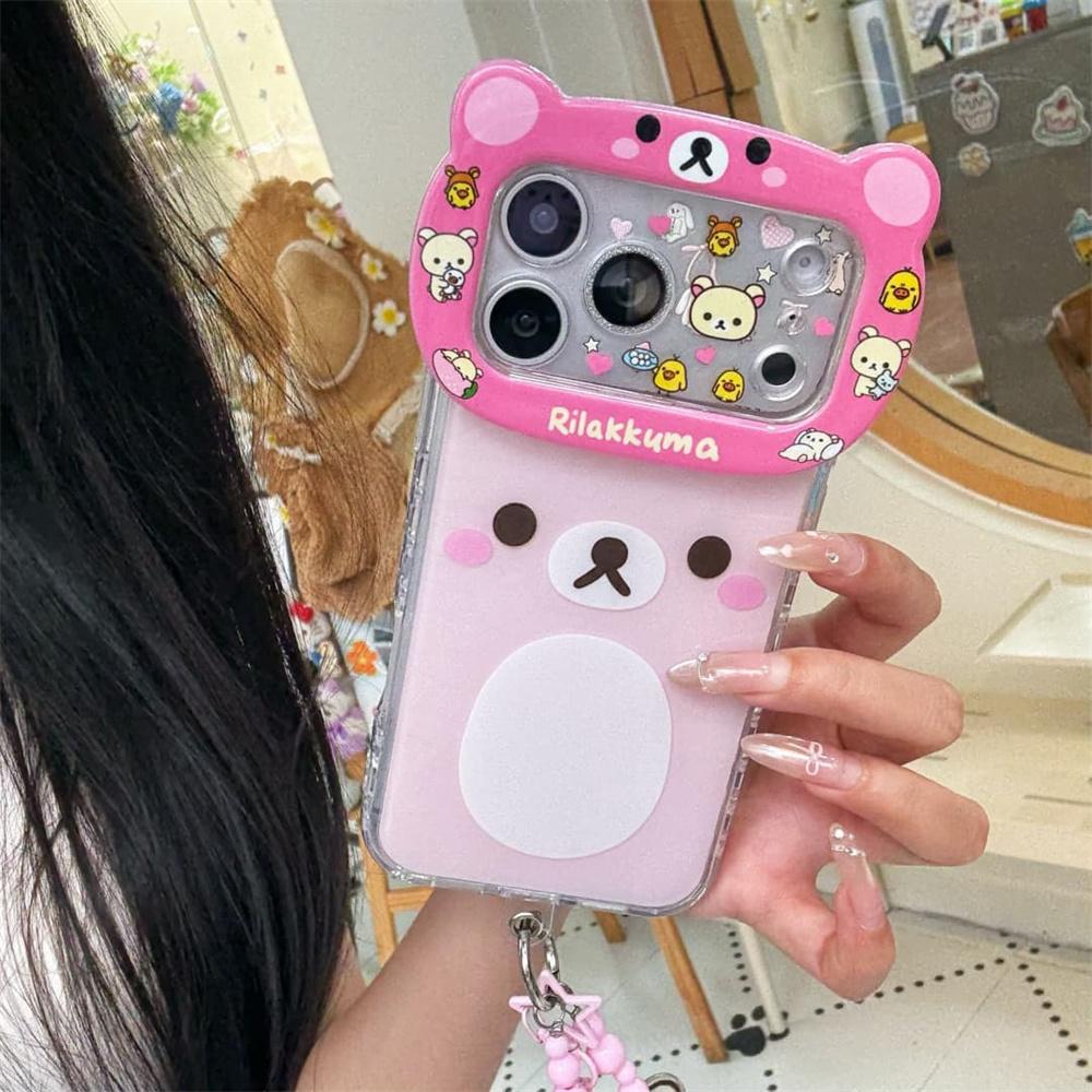 Kawaii Rilakkuma Orso 3D Cartone Animato Custodia per Telefono per iPhone 16 Pro 15 14 13 16 17 Pro Max Custodia con Catena Antiurto Funda Cover Carina
