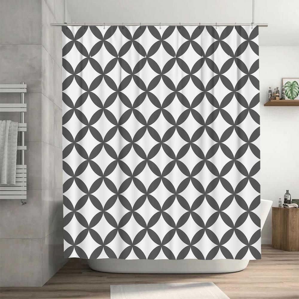 Patterned Shower Curtain Set For Bathroom Decoration Black And White Geometric Design Waterproof Fabric Curtains With Hooks Incl