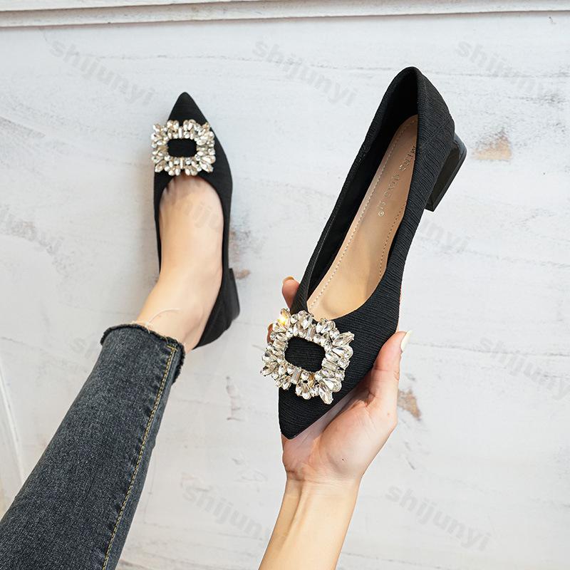 Women Ballerinas Flats 2026 Autumn Rhinestone Pointed Toe Shallow Mouth Comfortable Elegant Low Heel Soft Sole Single Shoes
