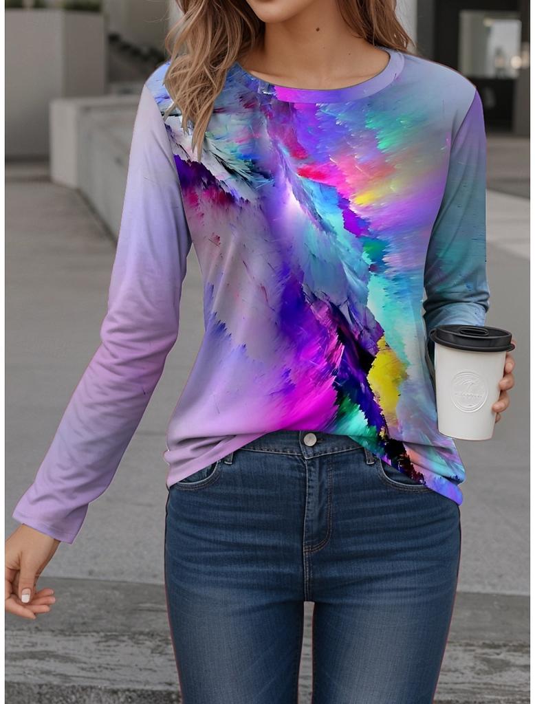 Large-sized Fashion 3D Print Colorful Graphic Crew Neck Long Sleeve T-Shirt Womens Clothing Casual Clothes Harajuku Female Clothing Pullover