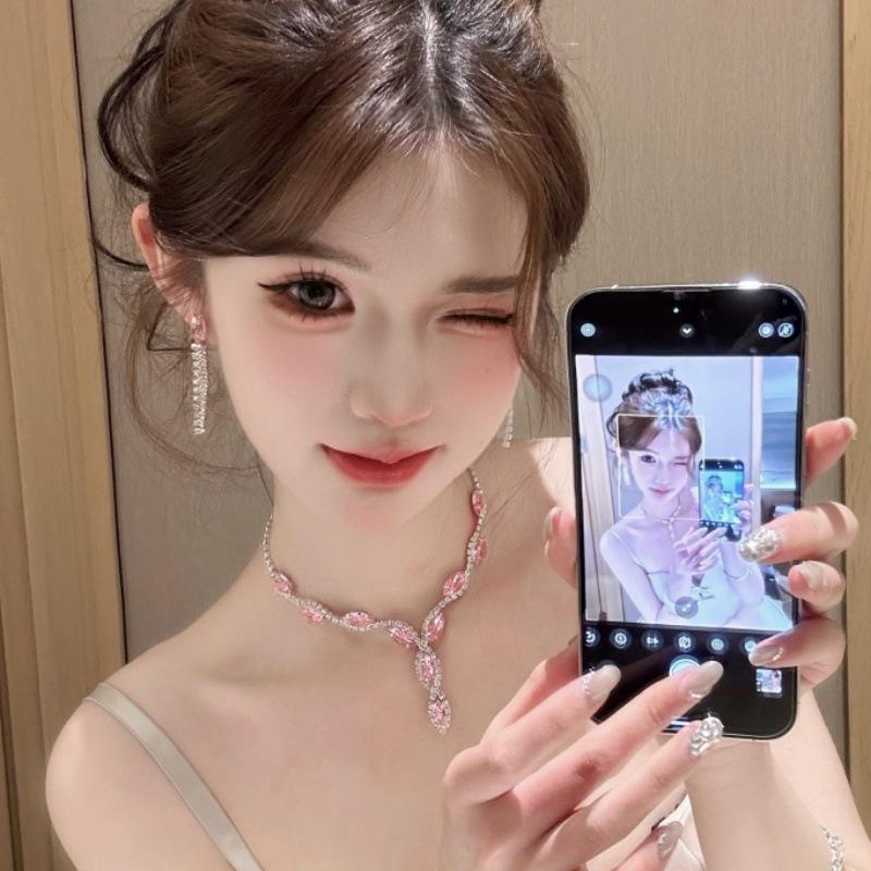 Корейский набор сережек и колье с кристаллами в форме веера и капли воды - Модный минималистичный дизайн