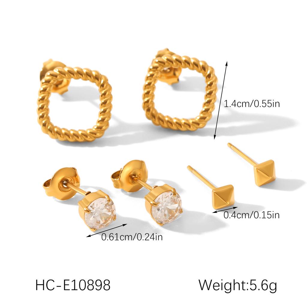 Euro-American Style 18K Gold Stainless Steel Earrings for Women, Unique Minimalist Three-Piece Set, Versatile Titanium Steel H