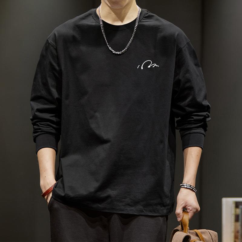 Men's White Long Sleeve T-Shirt - Minimalist Small Signature Print Casual Top