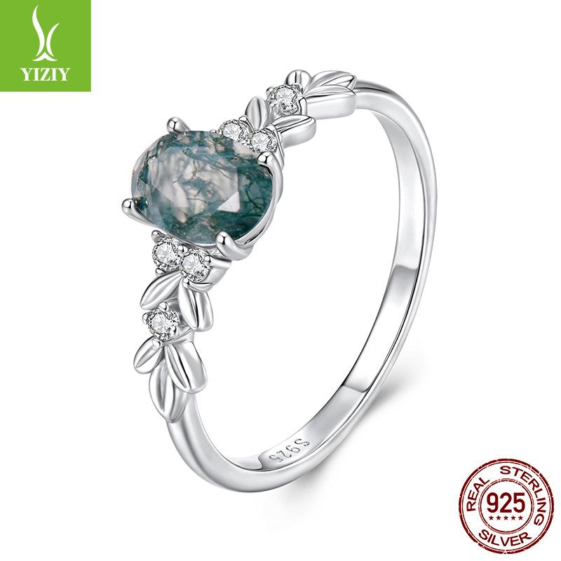 S925 Sterling Silver Seagrass Agate Ring Ladies, Vintage Elegant Court Ring Jewelry