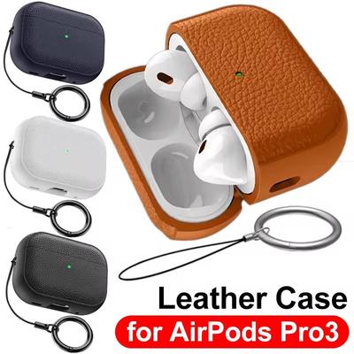Skórzane etui na słuchawki do AirPods Pro 3 Pełna osłona Odporne na wstrząsy Ochronna osłona z smyczą zapobiegającą zgubieniu dla AirPods Pro 3 Pokrowce