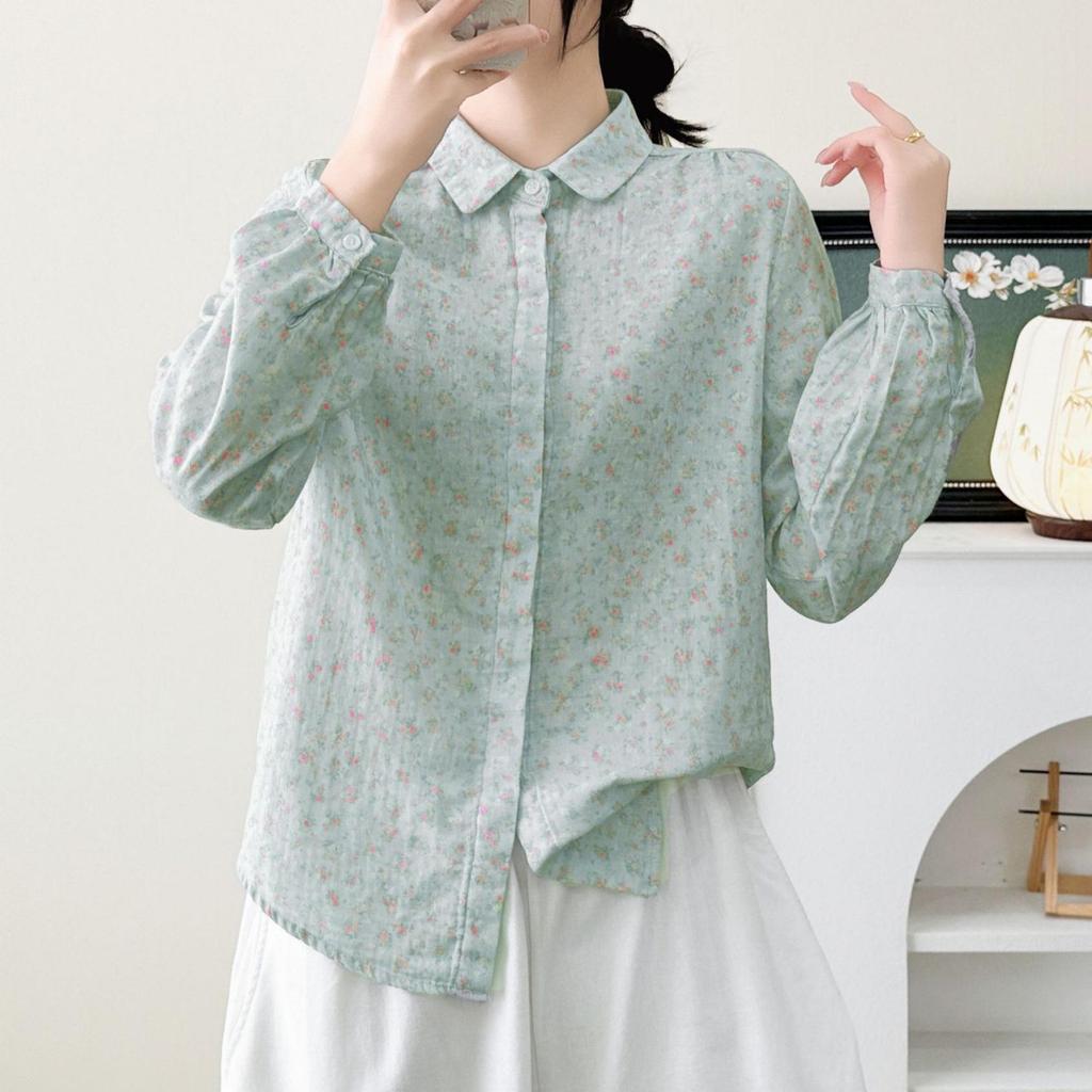 Women's Japanese Style Floral Long Sleeve Gauze Shirt - Spring/Autumn 2026