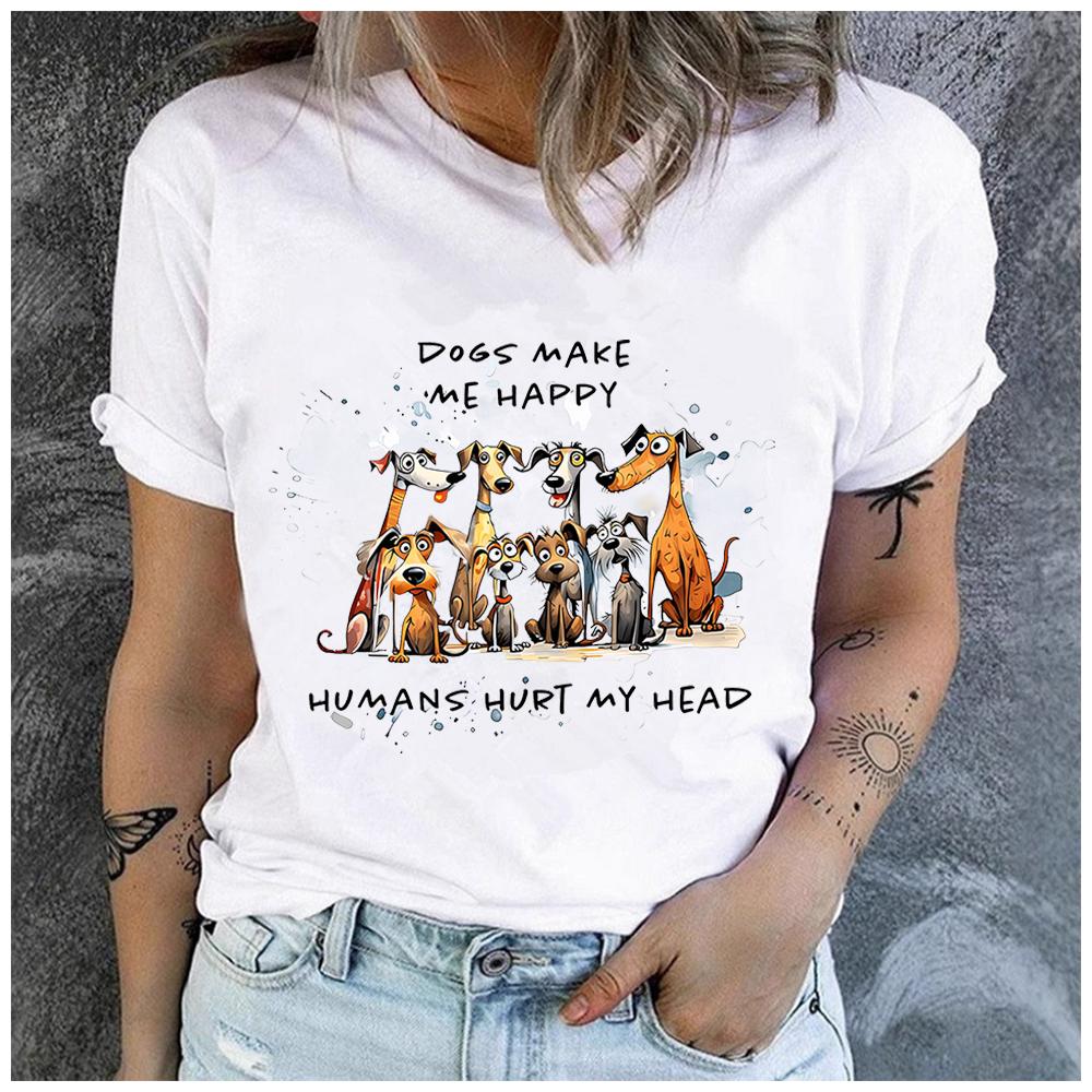 Unisex 100% Polyester Summer Top DOGS MAKE ME HAPPY Print Loose round Neck Short Sleeve Fashion for Lovers