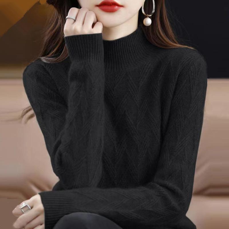 

Осень и зима новый вязаный свитер свободный пуловер модная базовая рубашка теплая внутренняя кофта с темпераментным полувысоким воротником женский свитер One size чёрный