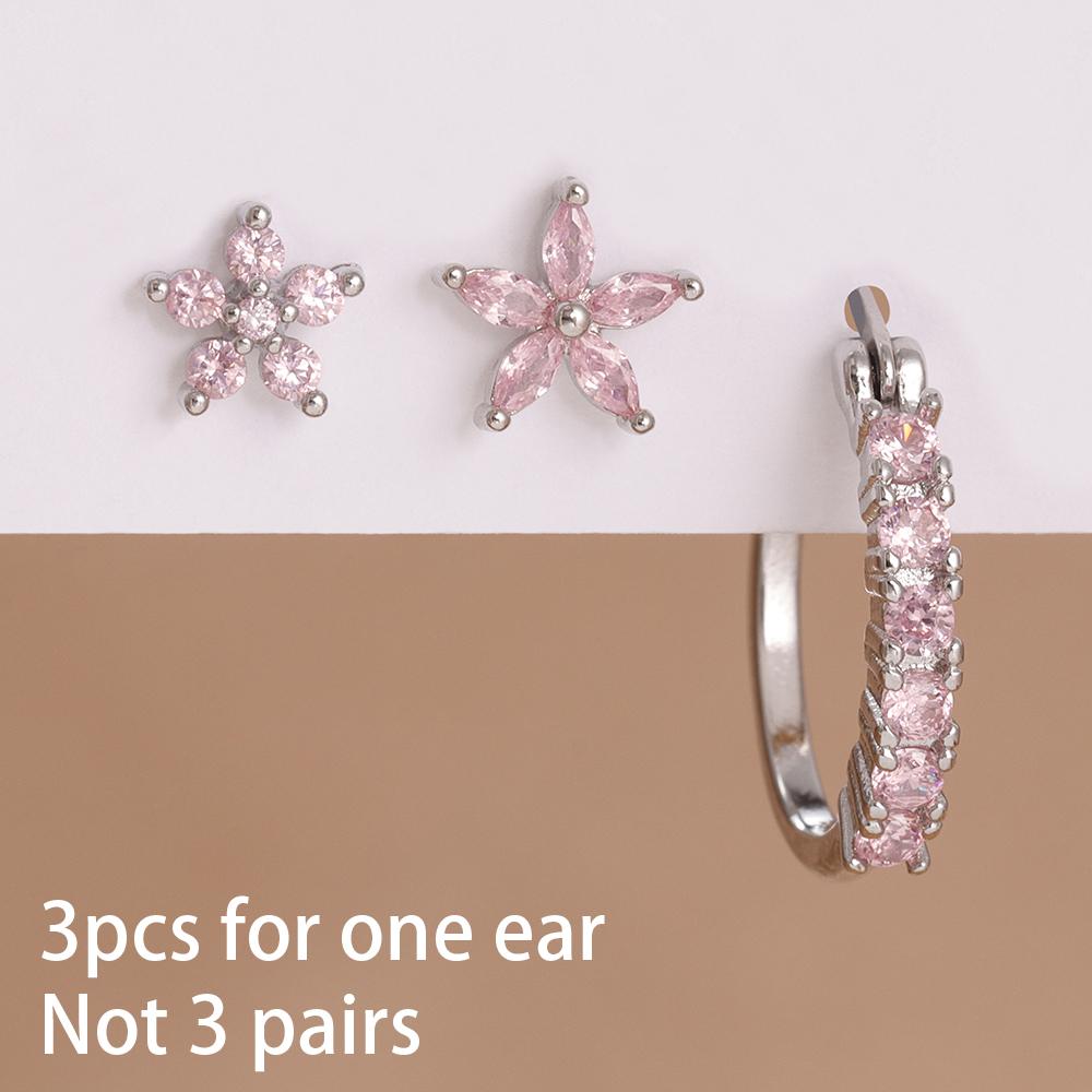 3PCS Stainless Steel Zircon Cartilage Flower Piercing Ear Stud Earring For Women Helix Tragus Engagement Birthday Jewelry Gift