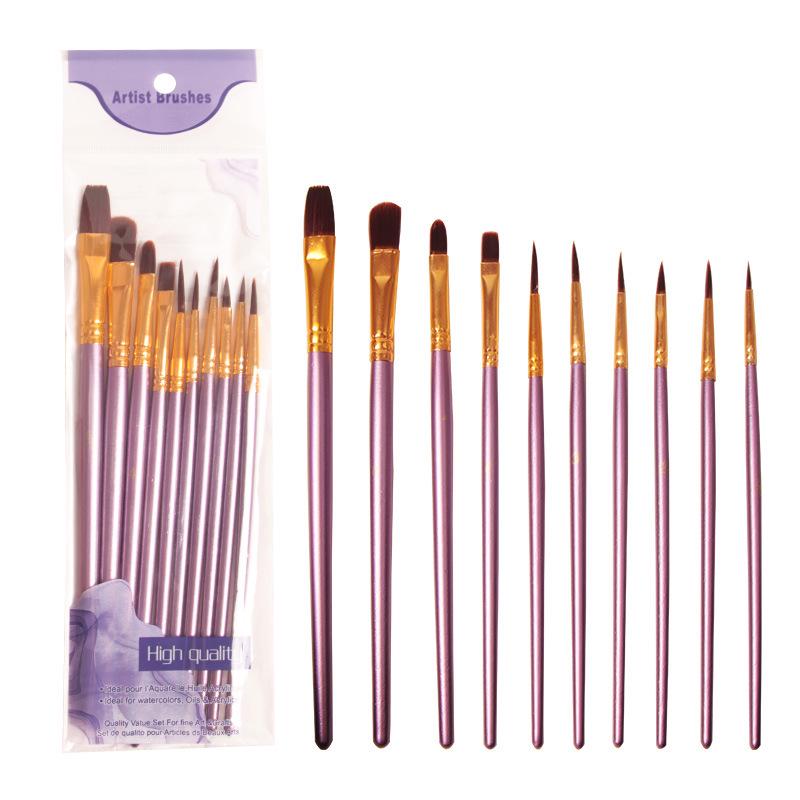Nylon Gouache & Oil Painting Brush Set - 10 Pcs Flat Brushes with Red & Blue Handles