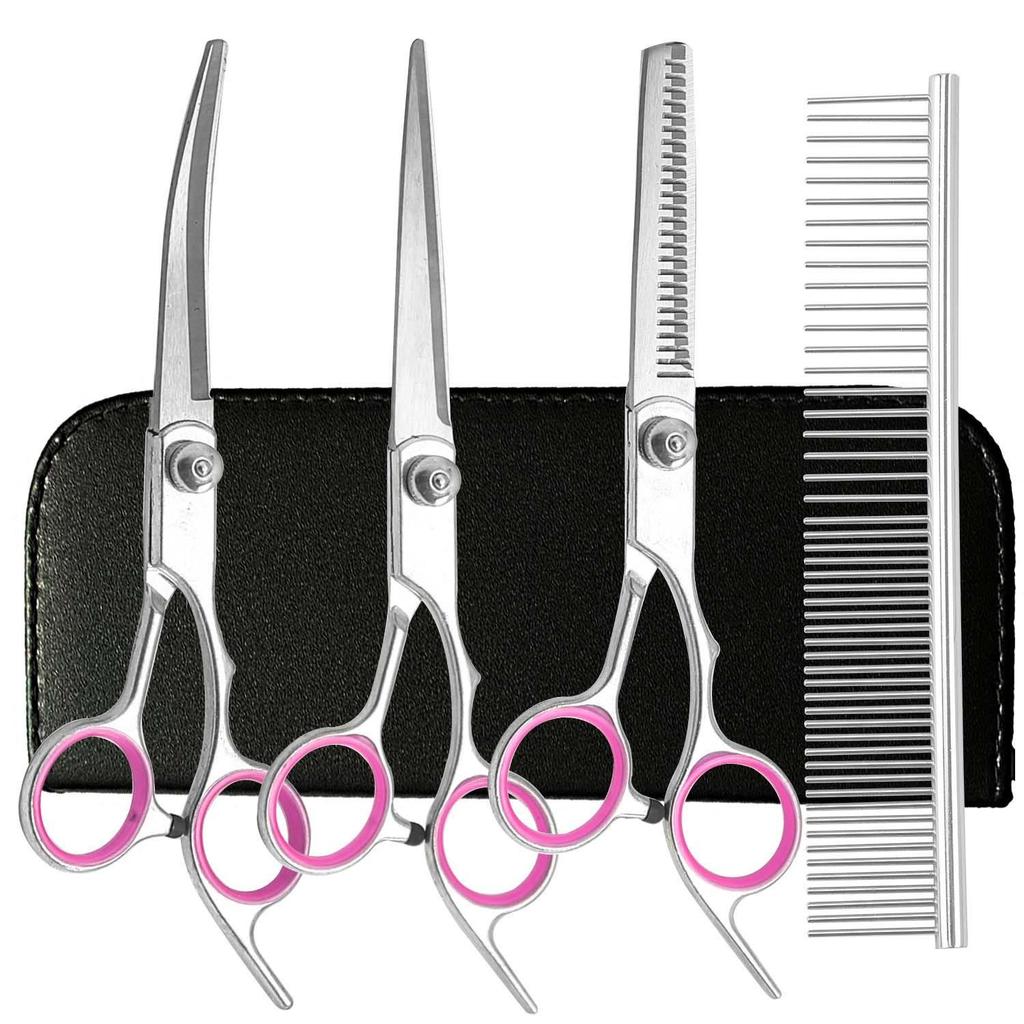 Portable Pet Grooming Scissor Set: Flat & Curved Hairdressing Tools
