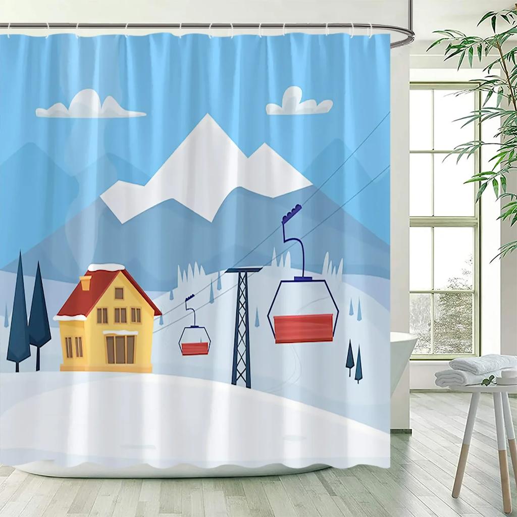 Set Cortină de Duș Schi de Iarnă, Cortine de Baie Moderne cu Stațiune de Schi, Munte Înzăpezit, Pădure de Pini, Albastru Decorațiuni de Crăciun pentru Baie
