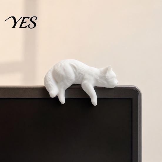 Soft Atmosphere Cat Statue Cute Figurine Computer Monitor Decor, 3D Printed Screen TV Cabinet Edge Topper, Small Kitten Car Dashboard Ornament