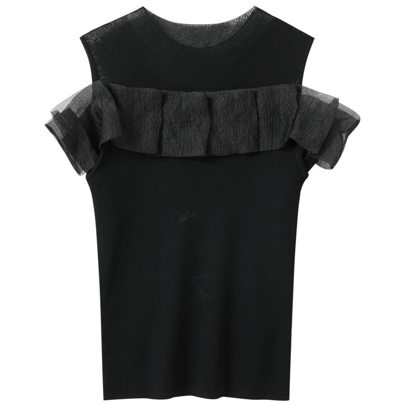 Sancai 2026 Summer Slim-fit Off-Shoulder Spliced Knit Top L
