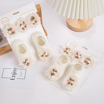 3Pcs/Set Ins Cream Chiffon Flower Headbands with Cotton Socks for Baby Girls Boutique Flower Anti-Slip Short Cotton 0-12M Sock