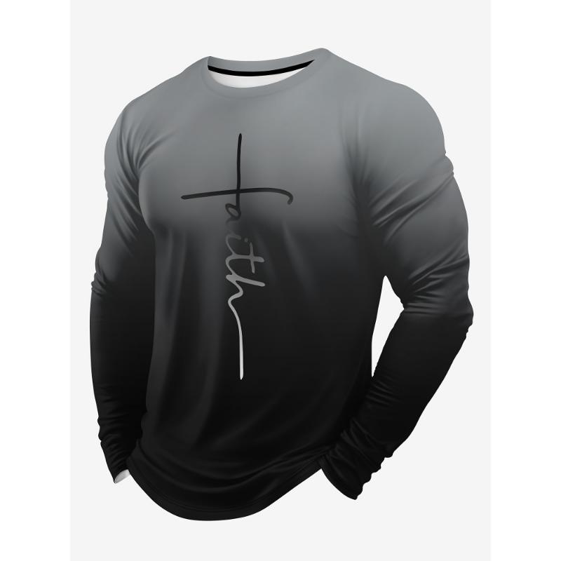 Autumn Round Neck Color Block 'Faith' Graphic 3D Printed T-shirts Fashionable Casual Long Sleeved Men's T-shirts