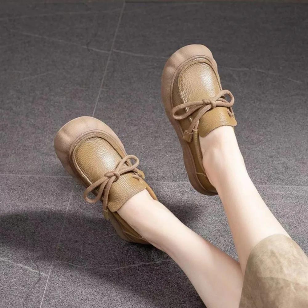 Flat Shoes Small Leather Shoes Women's 2026 New Retro Lace-up Big Head Casual Low-top Shoes Leather Deep-mouth Pumps Women