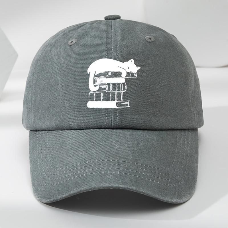 Sleeping Cat on Books Baseball Cap Washed Polyester Adjustable Casual Outdoor Hat Unisex