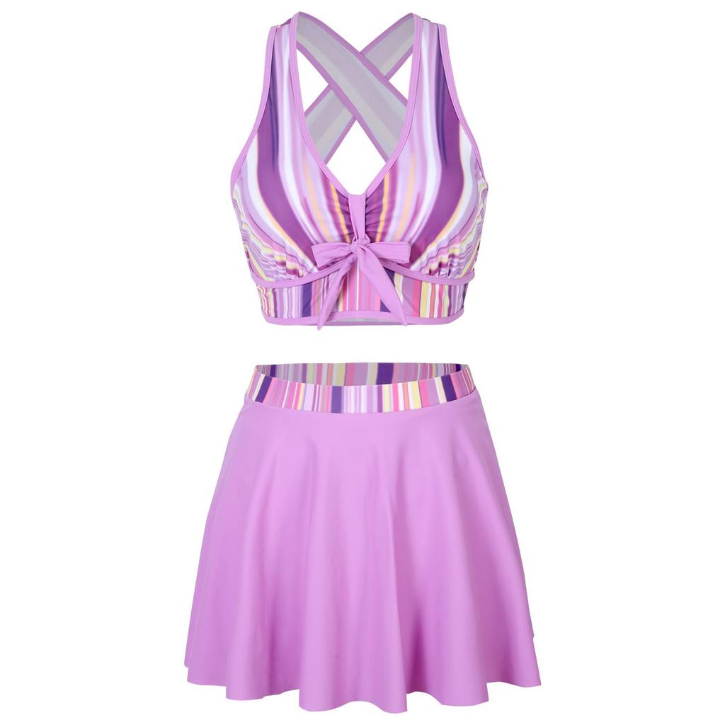 2024 Damen Europäischer & Amerikanischer Konservativer Print Bikini Badeanzug mit Rock