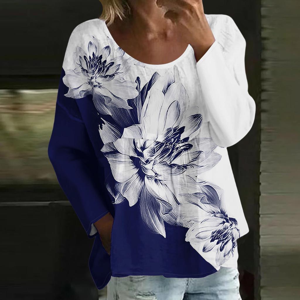 Women's Casual Fashion Loose Round Neck Floral Print Long Sleeve Top