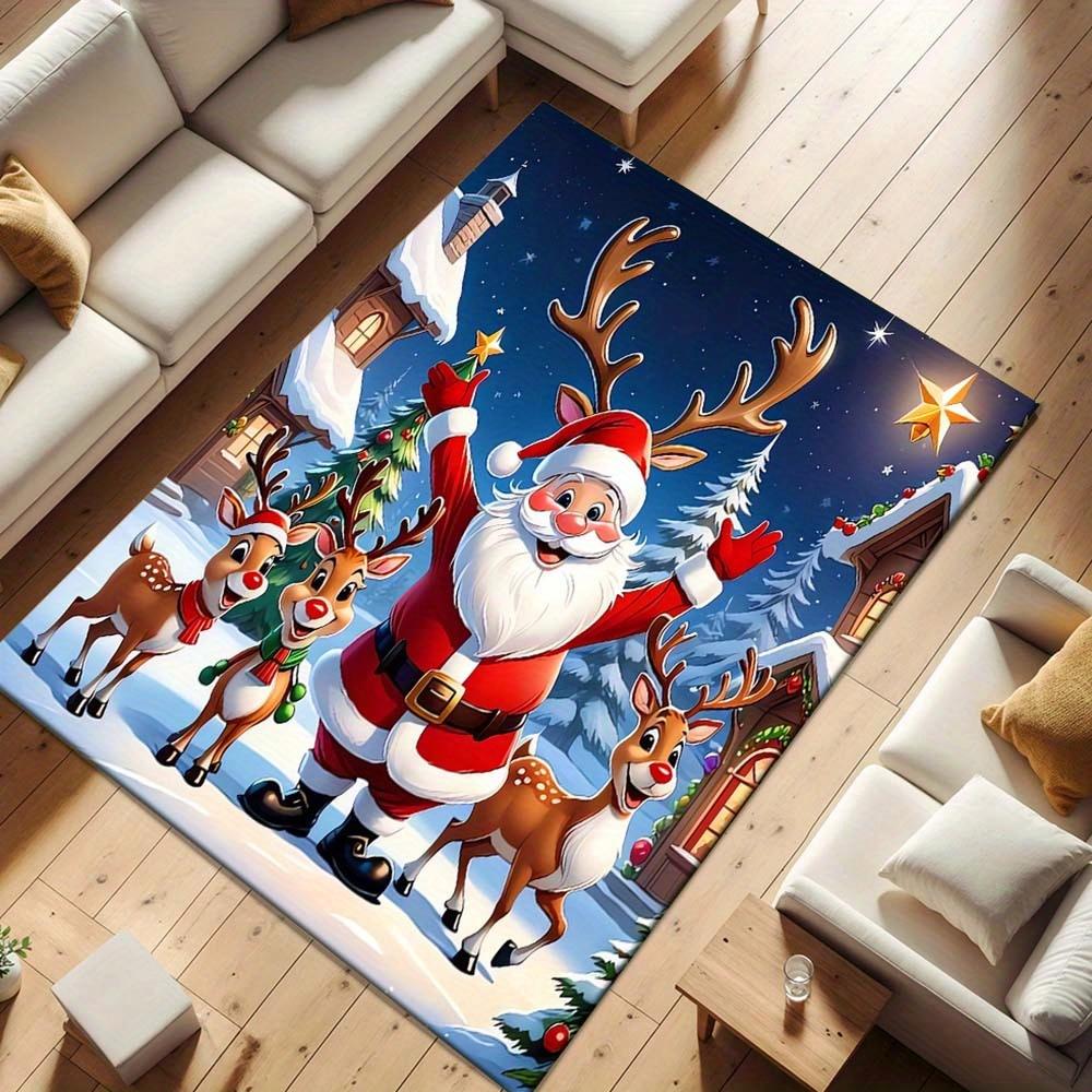 1pc Christmas Themed Rug, Santa Claus with Elk Antlers Print, Bedside Carpet, Non slip Laundry Room Mat, Machine Washable Water Absorbing En