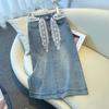 Women's 2025 Spring High-Waisted Lace Trim Denim Skirt - Slimming A-Line Straight Design