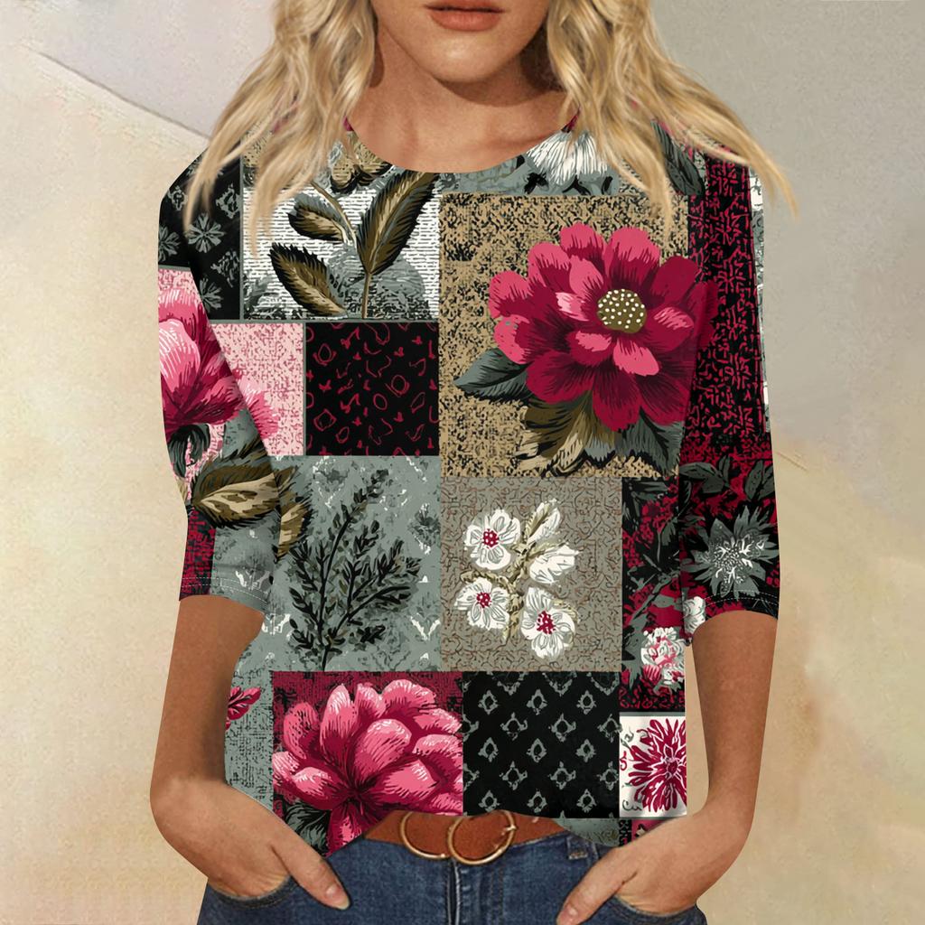 Women's Fashion Casual Round Neck Three-quarter Sleeve Retro Floral Print T-shirt Top