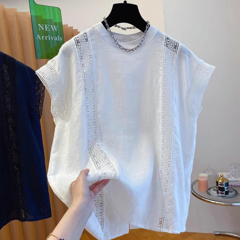 Women Loose Thin Lace Splicing Hollow Out Solid Casual Short Sleeve Blouse M