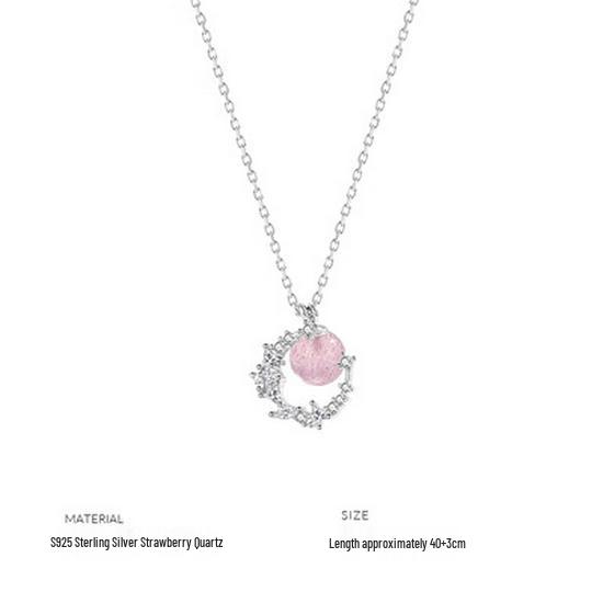 S925 Sterling Silver Crescent Strawberry Crystal Clavicle Necklace for Women - Short Pink Pendant 925 Silver