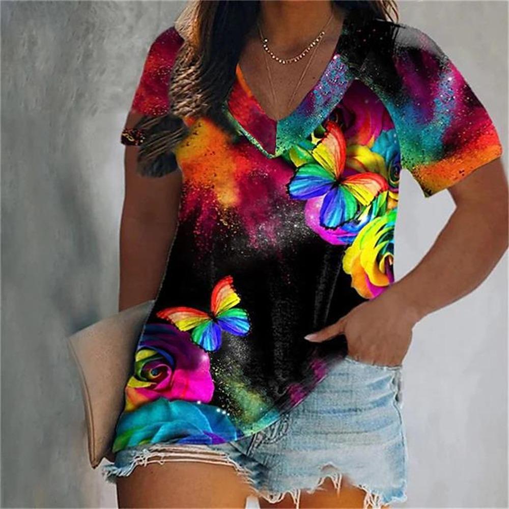 Women's Luxury T-shirt 3d Butterfly Print Short-sleeved V-neck Top Summer Fashion Casual Gradient Oversized Pullover