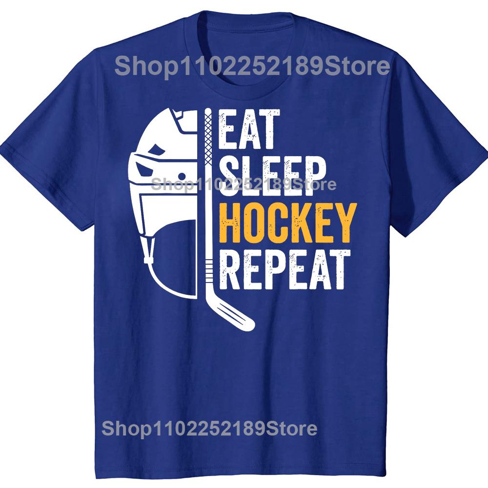 Funny Eat Sleep Hockey Repeat Graphic T-shirts Men Women's Fashion Casual Tshirt 100% Cotton Loose Ice Hockey Retro T Shirt