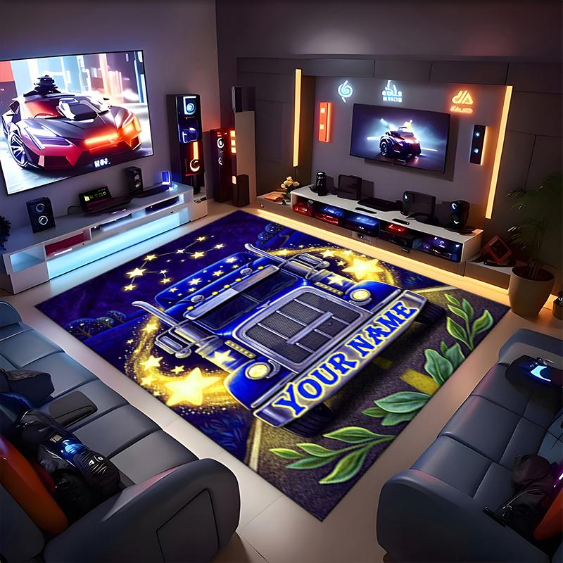 1PC Custom Name Nighttime Truck Journey Theme Floor Mat Ideal for Living Room, Game Rooms, Office, Bedroom,Floor Mat Playful Design
