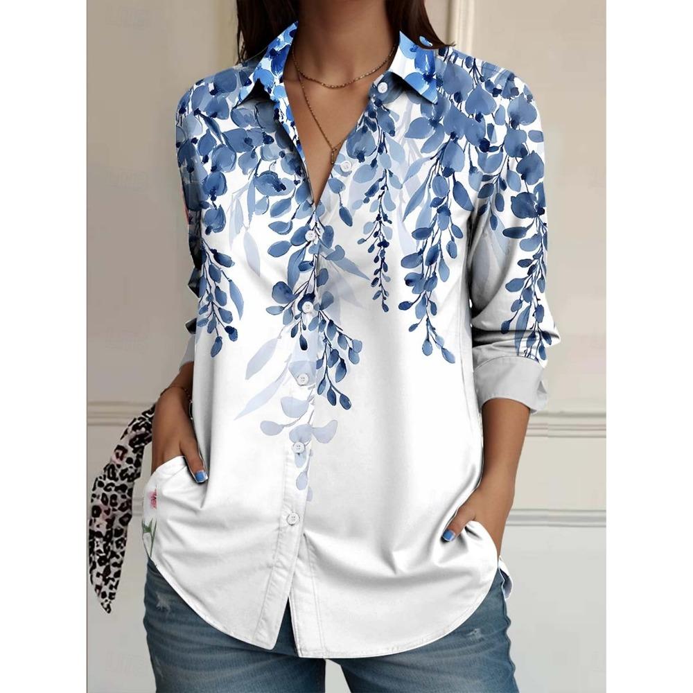 Fashion Women's Casual 3D Flower Prints Blouse Lapel Neck Blouse Women Long Sleeve Shirts Casual Womens Clothing Female Clothing