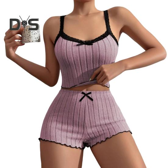 2 Pcs/Set Women Summer Pajamas Suit Shirring Edge Sleeveless Backless Crop Top Lace Bow Decor High Waist Mini Shorts Daily Nightie Slim Fit Sleepwear