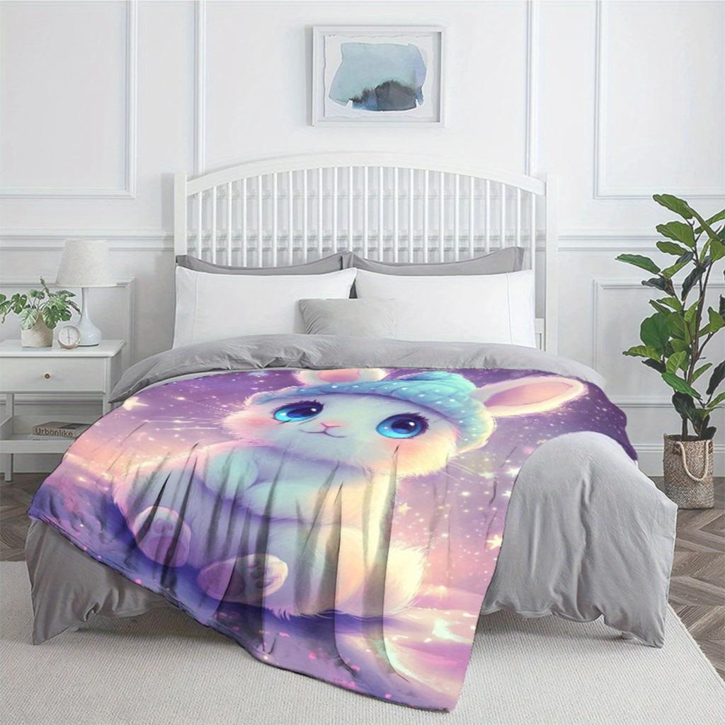 Starry Sky Bunny with Hat Blanket Soft Flannel Throw Home Decor Art Print Cute Animal Bedding Gift for Kids and Girls