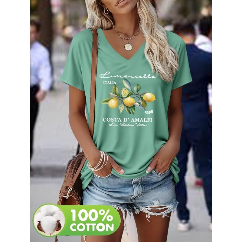 Lemon Branch Pattern Print Spring and Summer 100% Fashionable Women's Heavy V-neck Short-sleeved T-shirt