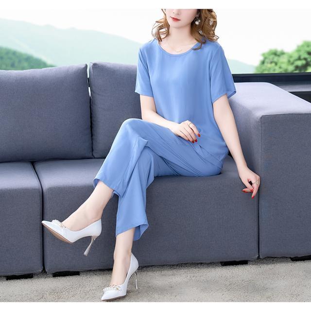 Summer Cotton Silk Women's Loose Two-Piece Set: Solid Color Short Sleeve Top and Long Pants, Plus Size Casual Wear.