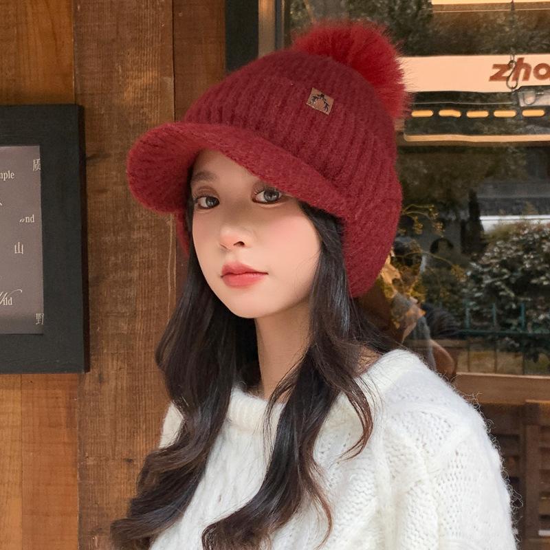 Versatile Leather Label Plus Velvet Thickened Wool Hat Outdoor Cold Protection Hat Korean Casual Face Showing Hat for Women