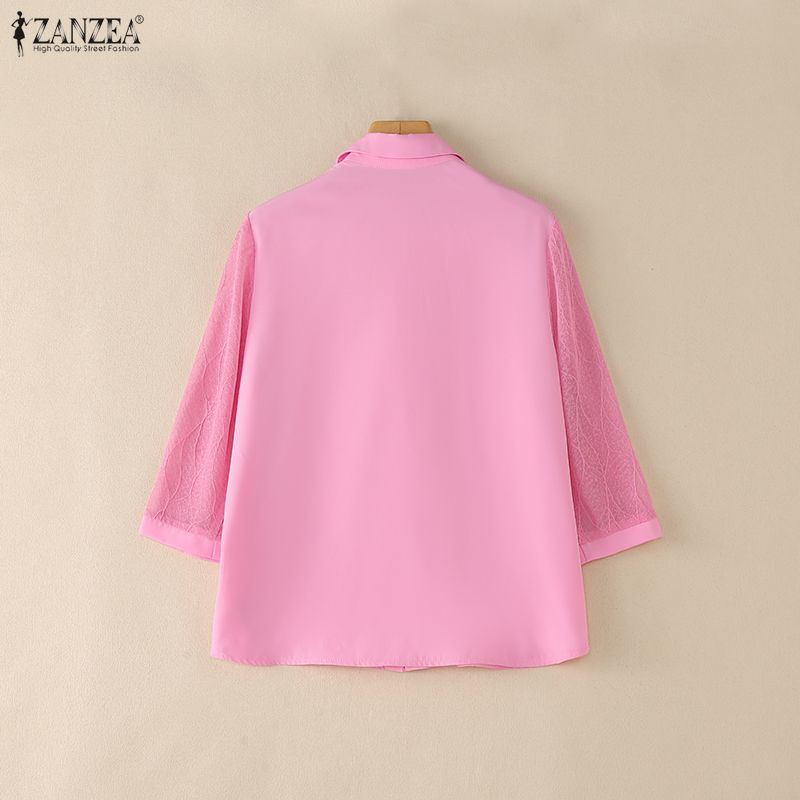 ZANZEA Blusa Casual para Mujer con Cuello Solapa, Encaje y Mangas 3/4