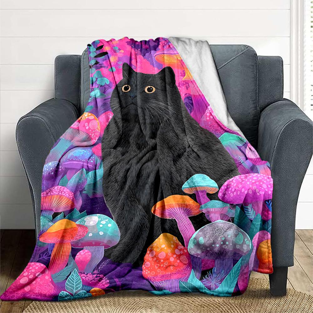 1pc Mushroom Fantasy Cat Blanket, Lightweight Flannel Throw Blanket For Sofa, Bed, Travel, Camping, Living Room, Office, Couch, Chair, And Bed