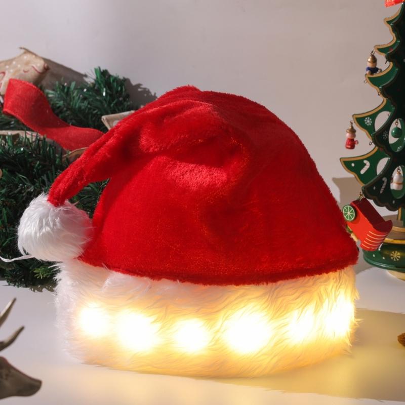 LED Christmas Hat, Light Up Christmas Hat Unisex Plush Beanie Holiday Hat with White Brim Christmas Party Props