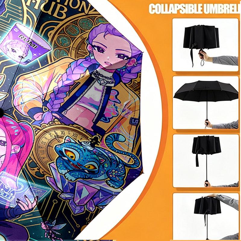 Custom Name Personalized Kpop Demon Hunter Print Umbrella, Auto Open Close, 8‑Rib Sturdy Frame, Commute Camping Hiking Use, Birthday Gift