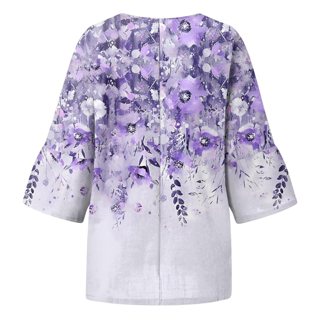 Women's Fashion Seven-Quarter Sleeve Round Neck Printed Loose Casual Shirt Tops