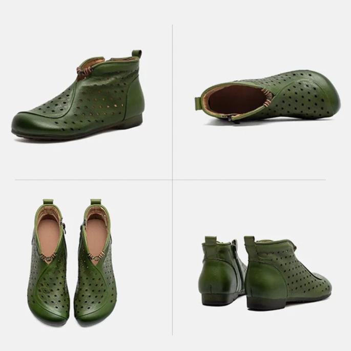 Johnature Retro Summer Short Boots Flat Side Zipper Genuine Leather Hollow-out Breathable Women's Shoes