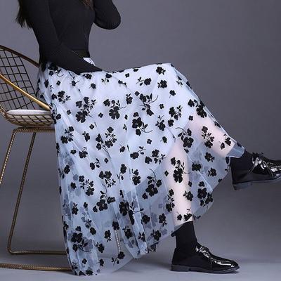 Women's Skirt Korean Casual All-match Tulle Fashion Spring and Summer Loose Floral Crochet Mid-length Skirt Elegant Women's Mesh Skirt