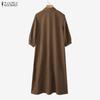 ZANZEA Women Casual Turn Down Collar Solid Color 3/4 Sleeve Loose Dress
