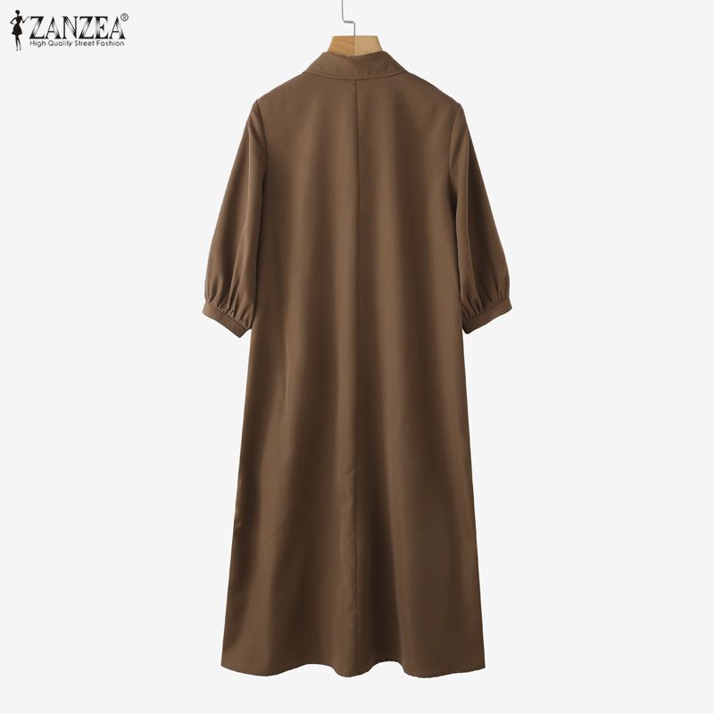 ZANZEA Women Casual Turn Down Collar Solid Color 3/4 Sleeve Loose Dress