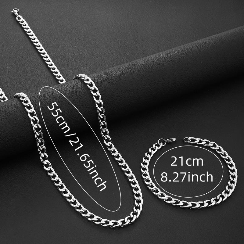 Hip Hop Cuban Chain Necklace Bracelet Set Rock Stainless Steel Basic Simple Men  For Women Party Jewelry